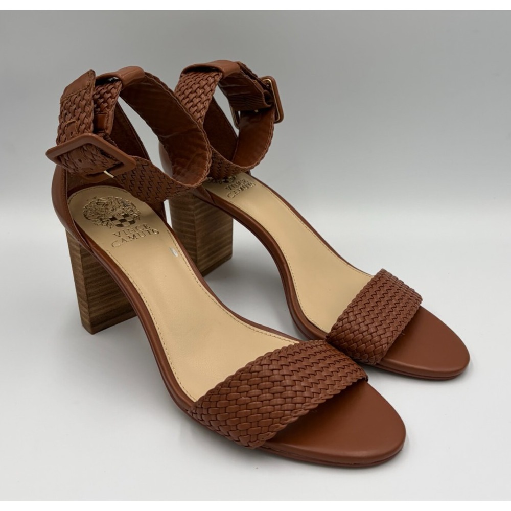 Vince Camuto Womens 8.5 Brown Woven Block Heel Ankle Strap Sandals V-WASHEN